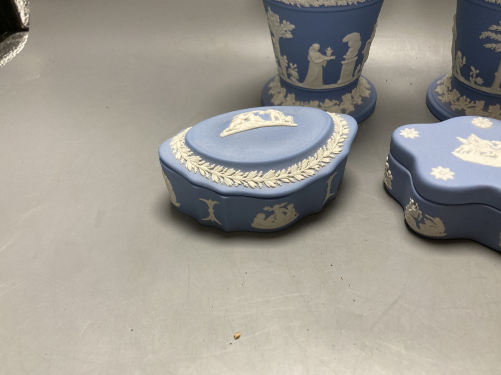A pair of Wedgwood pale blue jasper flower vases and five other pieces
